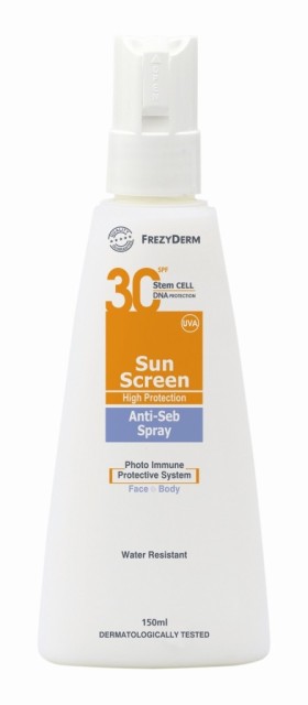 FrezyDerm Sun Screen Anti-Seb Spray SPF 30 Αντιηλιακό Γαλάκτωμα για Λιπαρά Δέρματα/Τάση Ακμής 150ml