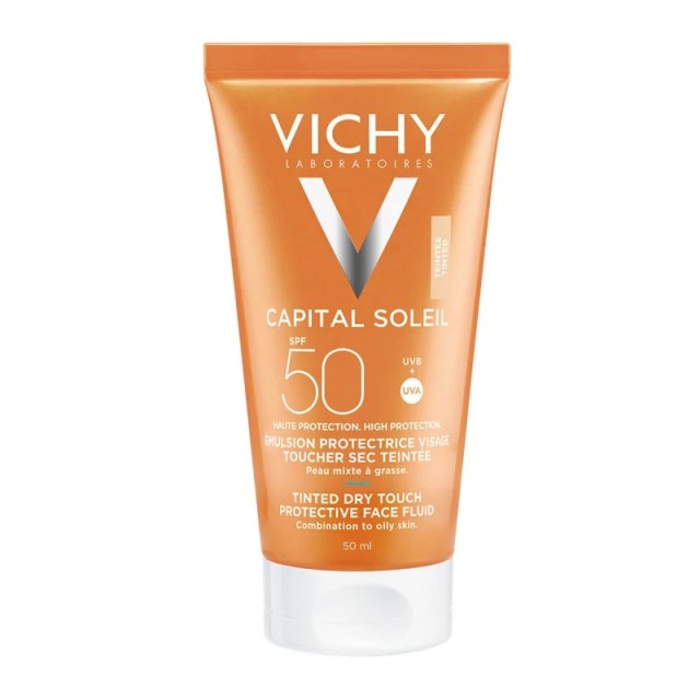 Vichy Capital Soleil Tinted Dry Touch Face Fluid Mat SPF50+ Λεπτόρευστη Αντιηλιακή Κρέμα με Χρώμα για Ματ Αποτέλεσμα 50ml