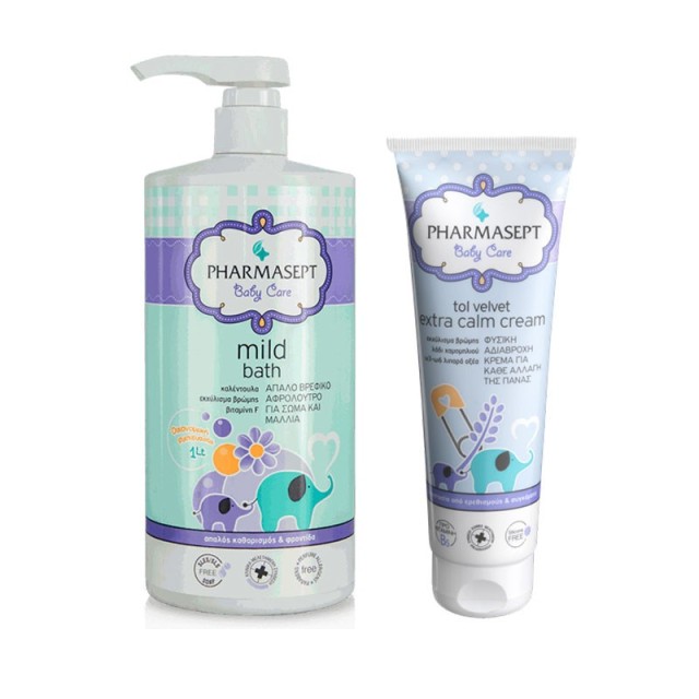 Pharmasept Πακέτο Tol Velvet Baby Mild Bath Απαλό Παιδικό Αφρόλουτρο 1lt & Tol Velvet Baby Extra Calm Cream 150ml