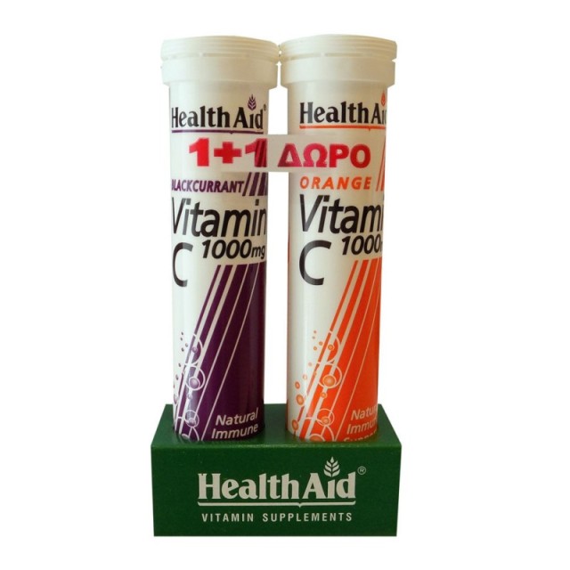 Health Aid Vitamin C Βιταμίνη C με Γεύση Φραγκοστάφυλο 1000mg 20Eff. Tabs+20Eff. Tabs με Πορτοκάλι