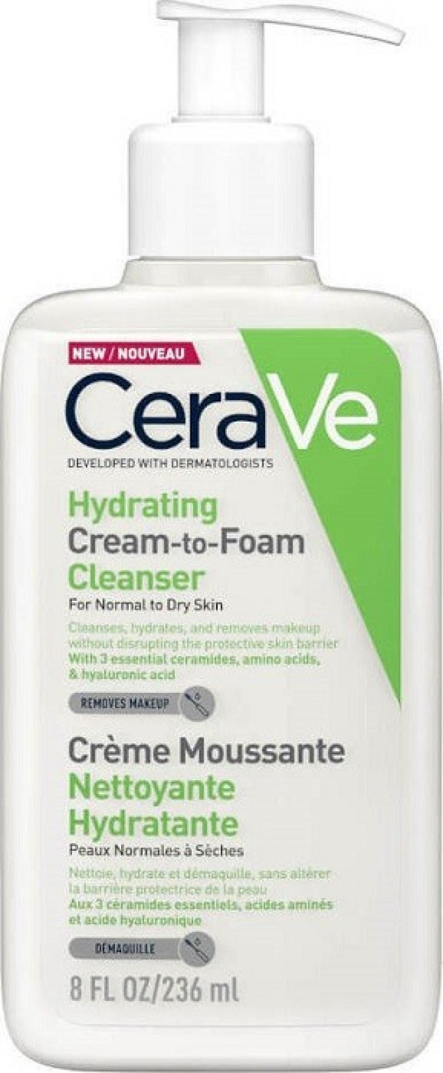 CeraVe Hydrating Cream-to-Foam Cleanser Αφρώδης Κρέμα Καθαρισμού Προσώπου για Κανονικό-Ξηρό Δέρμα 236ml