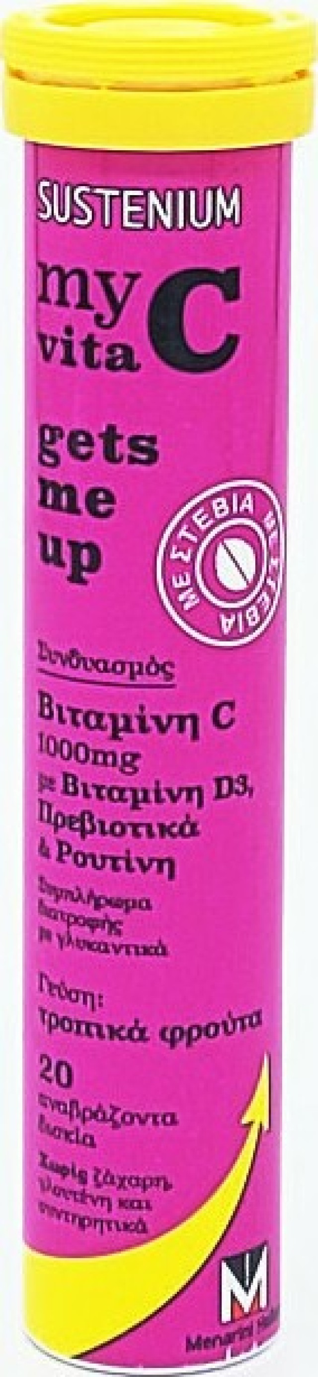 Menarini Sustenium My Vita C Gets Me Up Βιταμίνη C 1000mg & Βιταμίνη D3 με Γεύση Τροπικά Φρούτα 20 Αναβράζοντα Δισκία
