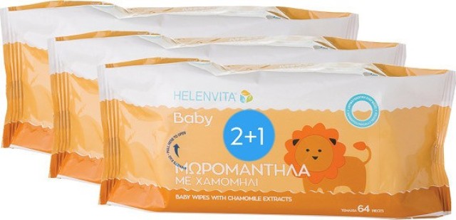 Helenvita Promo Baby Wipes Μωρομάντηλα με Εκχύλισμα Χαμομηλιού 2+1 Δώρο (3x64τμχ)