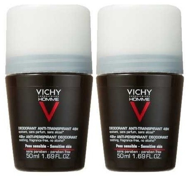 Vichy Homme Anti-Transpirant 48h Αποσμητικό Roll-On για Έντονη Εφίδρωση 2x50ml