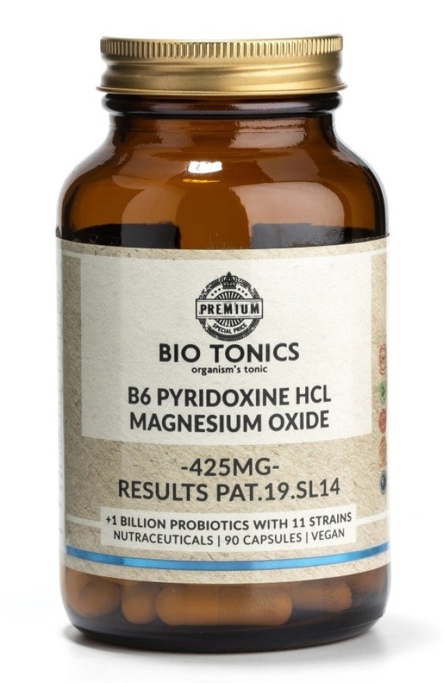 Bio Tonics B6 Pyridoxine HCL Magnecium Oxide Πυριδοξίνη Για Σωστή Λειτουργία Σακχάρων, Λιπών και Πρωτεϊνών 425mg 90caps
