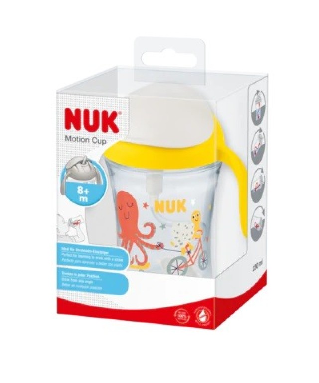 Nuk Motion Cup 8m+ Παιδικό Ποτηράκι Με Λαβές Και Μαλακό Καλαμάκι, Κίτρινο 230ml