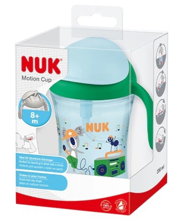 Nuk Motion Cup 8m+ Παιδικό Ποτηράκι Με Λαβές Και Μαλακό Καλαμάκι, Πράσινο 230ml