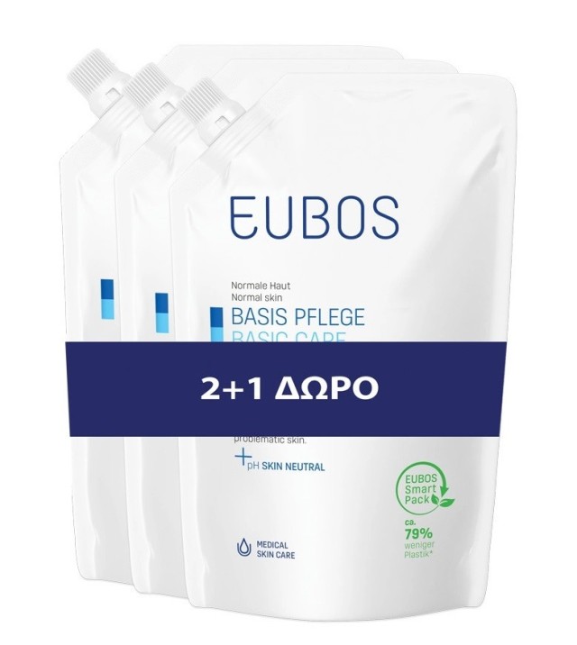 Eubos Promo Normal Skin Basic Care Liquid Washing Emulsion Refill Υγρό Καθαρισμού Προσώπου και Σώματος Χωρίς Άρωμα 3x400ml