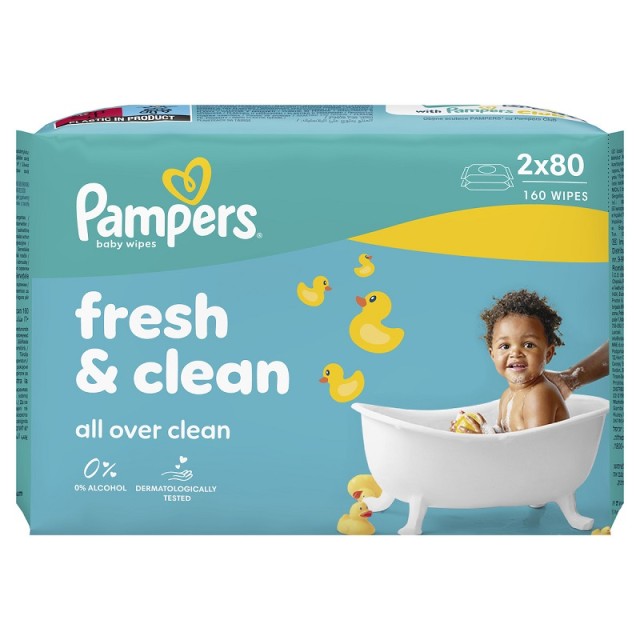 Pampers Fresh Clean Μωρομάντηλα χωρίς Οινόπνευμα & Parabens (2x80τμχ) 160 Τεμάχια