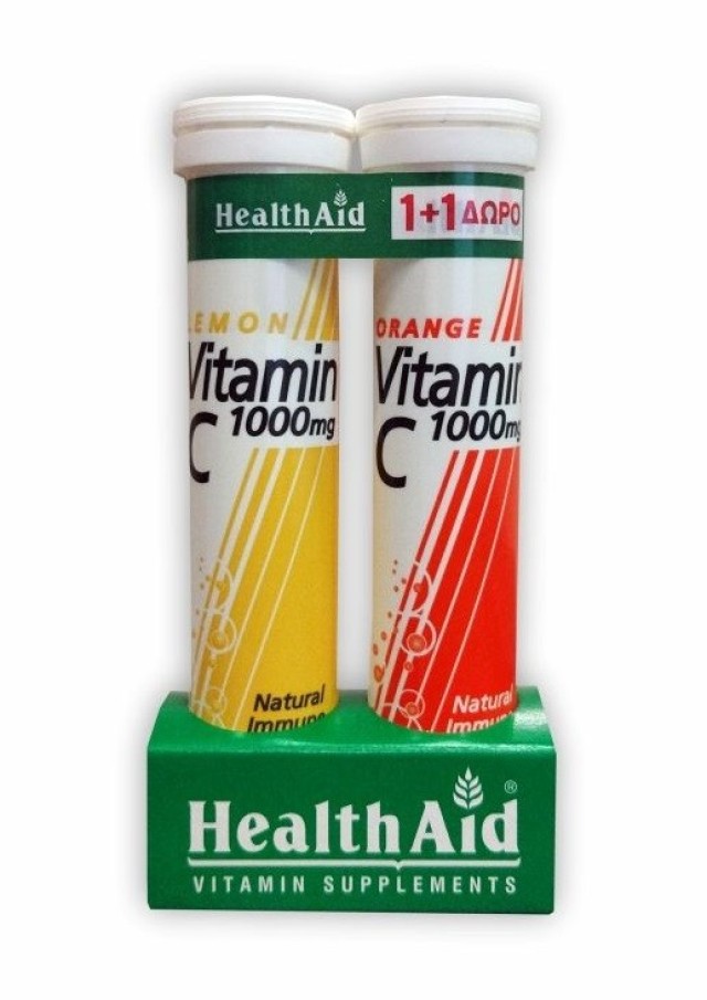 Health Aid Vitamin C Βιταμίνη C με Γεύση Λεμόνι 1000mg 20Eff. Tabs+20Eff. Tabs με Πορτοκάλι