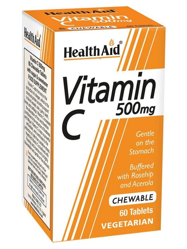 Health Aid Vitamin C 500mg Μασώμενες Ταμπλέτες Βιταμίνης C με Αγριοτριανταφυλλιά & Ασερόλα 60tabs
