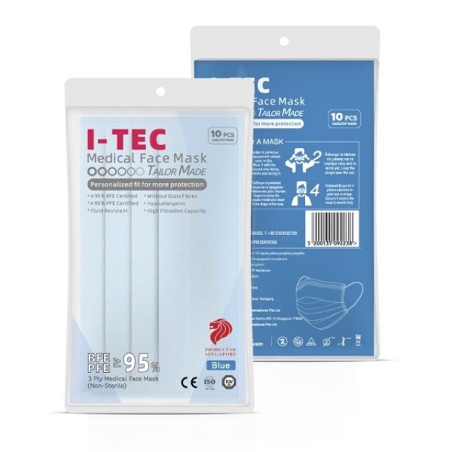i-Tec Face Mask Μάσκα Μίας Χρήσης 3ply Γαλάζια 10τμχ