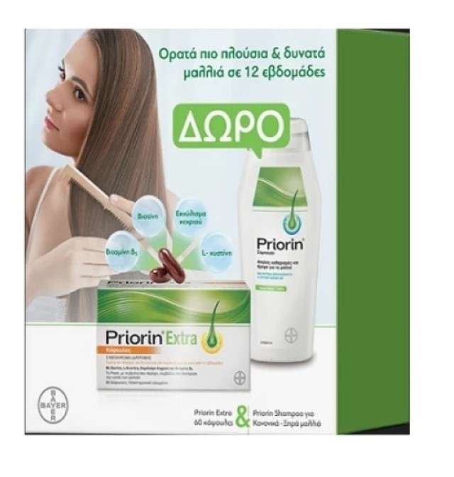 Bayer Priorin Πακέτο με Priorin Extra 60Caps & Δώρο Σαμπουάν για Κανονικά/Ξηρά Μαλλιά 200ml