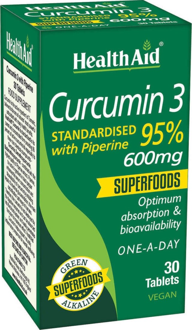 Health Aid Curcumin 3 600mg Συμπλήρωμα Διατροφής Κουρκουμίνης Με Πιπερίνη 30tabs