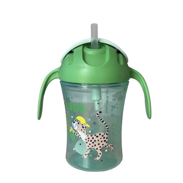 Nuk Motion Cup 8m+ Παιδικό Ποτηράκι Με Λαβές Και Μαλακό Καλαμάκι, Πράσινο Τσιταχ 230ml