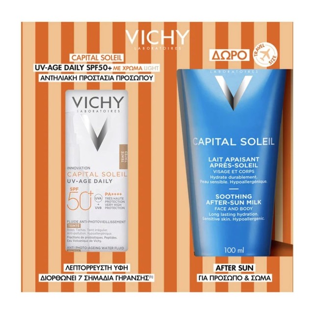 Vichy Promo Capital Soleil UV-Age Daily Pigment Light Spf50+ Λεπτόρευστο Αντηλιακό κατά της Φωτογήρανσης με Χρώμα Light 40ml & Δώρο After Sun 100ml