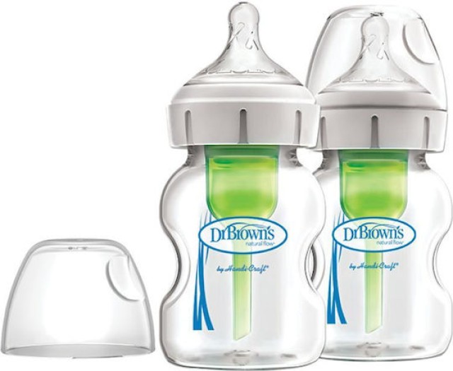 Dr. Browns Natural Flow Options+ Μπιμπερό Γυάλινο με Φαρδύ Λαιμό & Θηλή Σιλικόνης 2x150ml