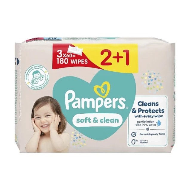 Pampers Soft & Clean Μωρομάντηλα χωρίς Οινόπνευμα 3x60τμχ