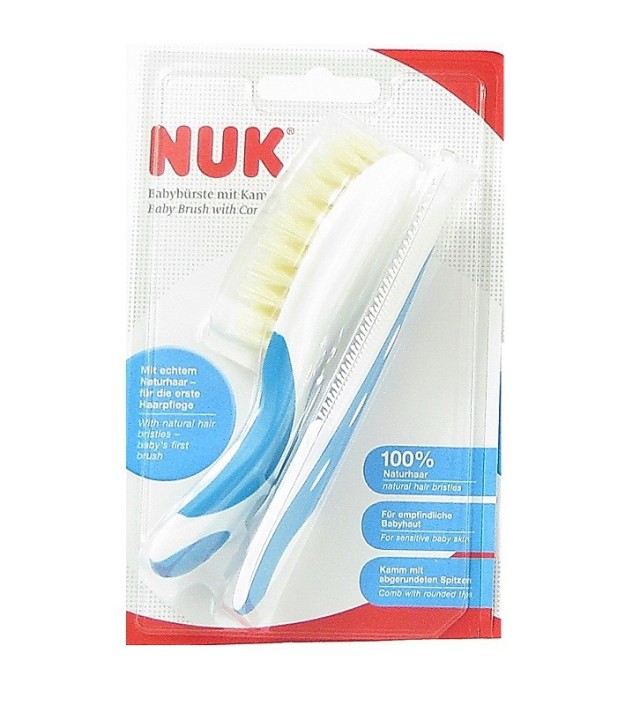 Nuk Baby Brush with Comb Σετ Βούρτσα από Φυσική Τρίχα & Χτένα Μπλε 2 τεμ
