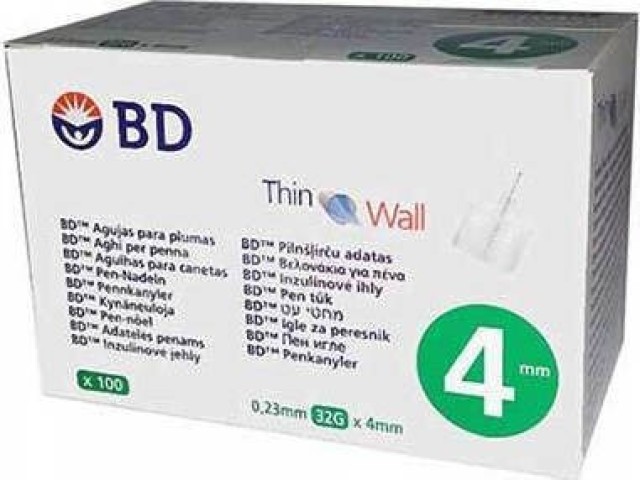BD Thin Wall Αποστειρωμένες βελόνες ινσουλίνης 4mm x 0.23mm 32G 100τμχ