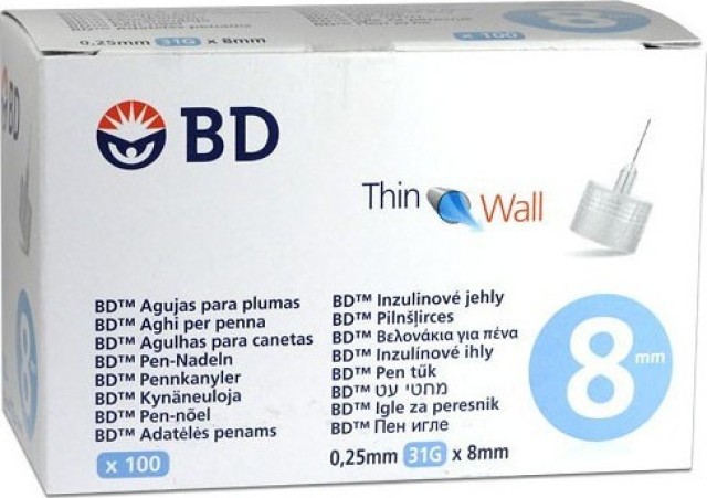BD Thin Wall Αποστειρώμενες Βελόνες Ινσουλίνης  31G 0,25x8mm 100τμχ