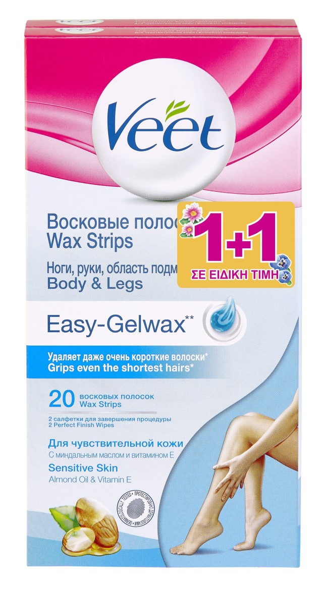 Veet Easy-Gelwax  Αποτριχωτικές Ταινίες Κεριού για το Σώμα για Ευαίσθητη Επιδερμίδα 1+1 Δώρο (20+20 strips)