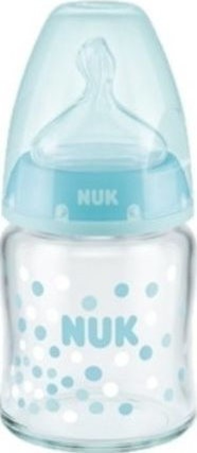 Nuk First Choice Plus Μπιμπερό Γυάλινο Μπλε Κύκλοι με Θηλή Σιλικόνης 0-6m 120ml