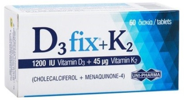 Uni-Pharma D3 fix 1200iu & K2 45mg Συμπλήρωμα Διατροφής με Βιταμίνη D3 & K2 60tabs