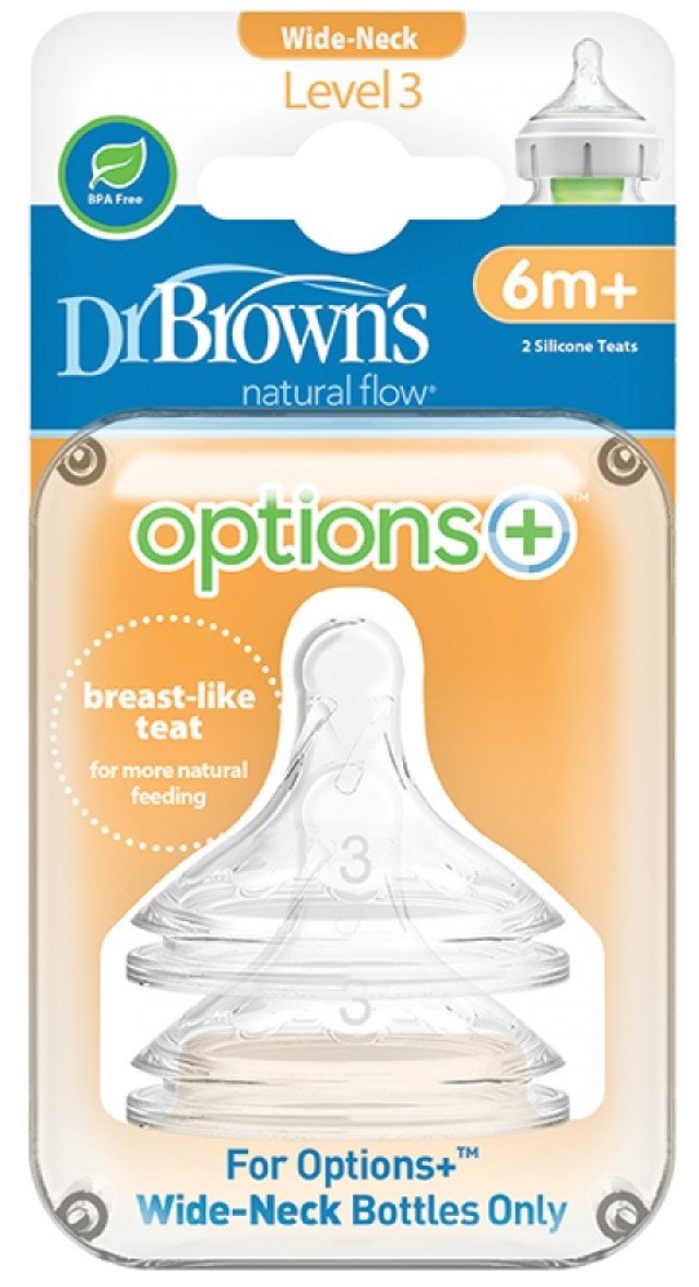 Dr. Browns Θηλές Για Μπιμπερό Options+ Με Φαρδύ Λαιμό 6m+ 2τμχ