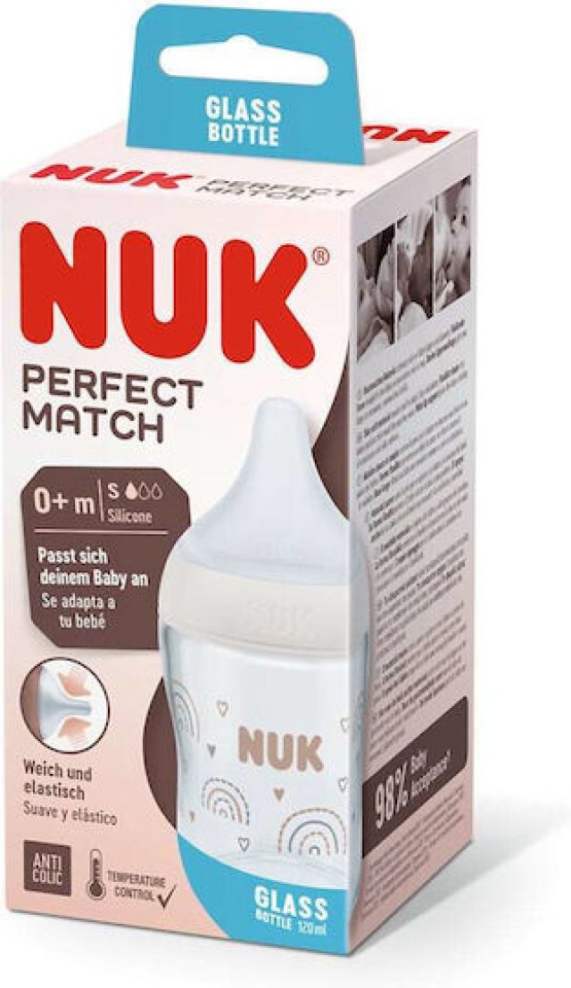 NUK Perfect Match Γυάλινο Μπιμπερό με Θηλή Σιλικόνης Κατά των Κολικών με Έλεγχο Θερμοκρασίας από 0+ μηνών Λευκό 120ml