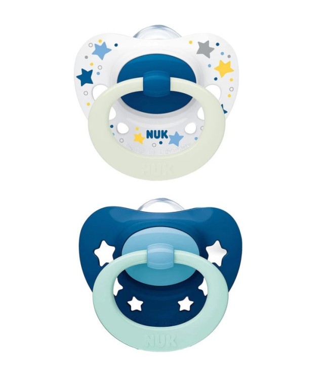 Nuk Signature Night Πιπίλα Σιλικόνης που Λάμπει στο Σκοτάδι Λευκή-Μπλε 0-6m 2τμχ