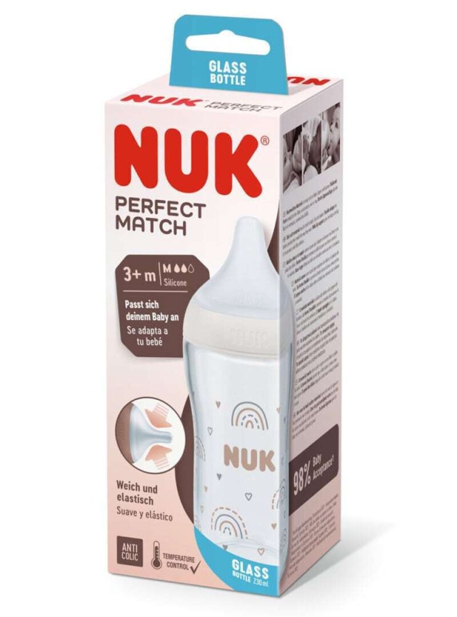 NUK Perfect Match Γυάλινο Μπιμπερό με Θηλή Σιλικόνης Κατά των Κολικών με Έλεγχο Θερμοκρασίας 3+ μηνών Λευκό 230ml